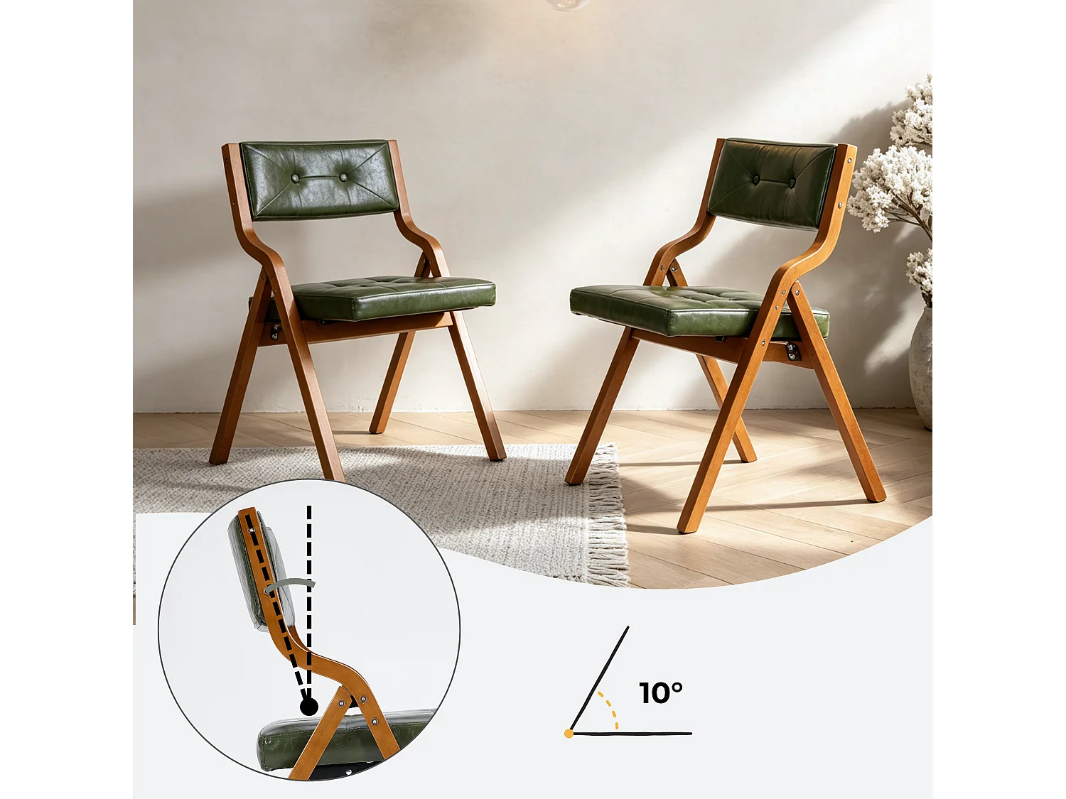 Chaises Pliantes Vintage en Similicuir 2 Pièces avec Cadre en Bois Courbé et Capitonnage Boutonné