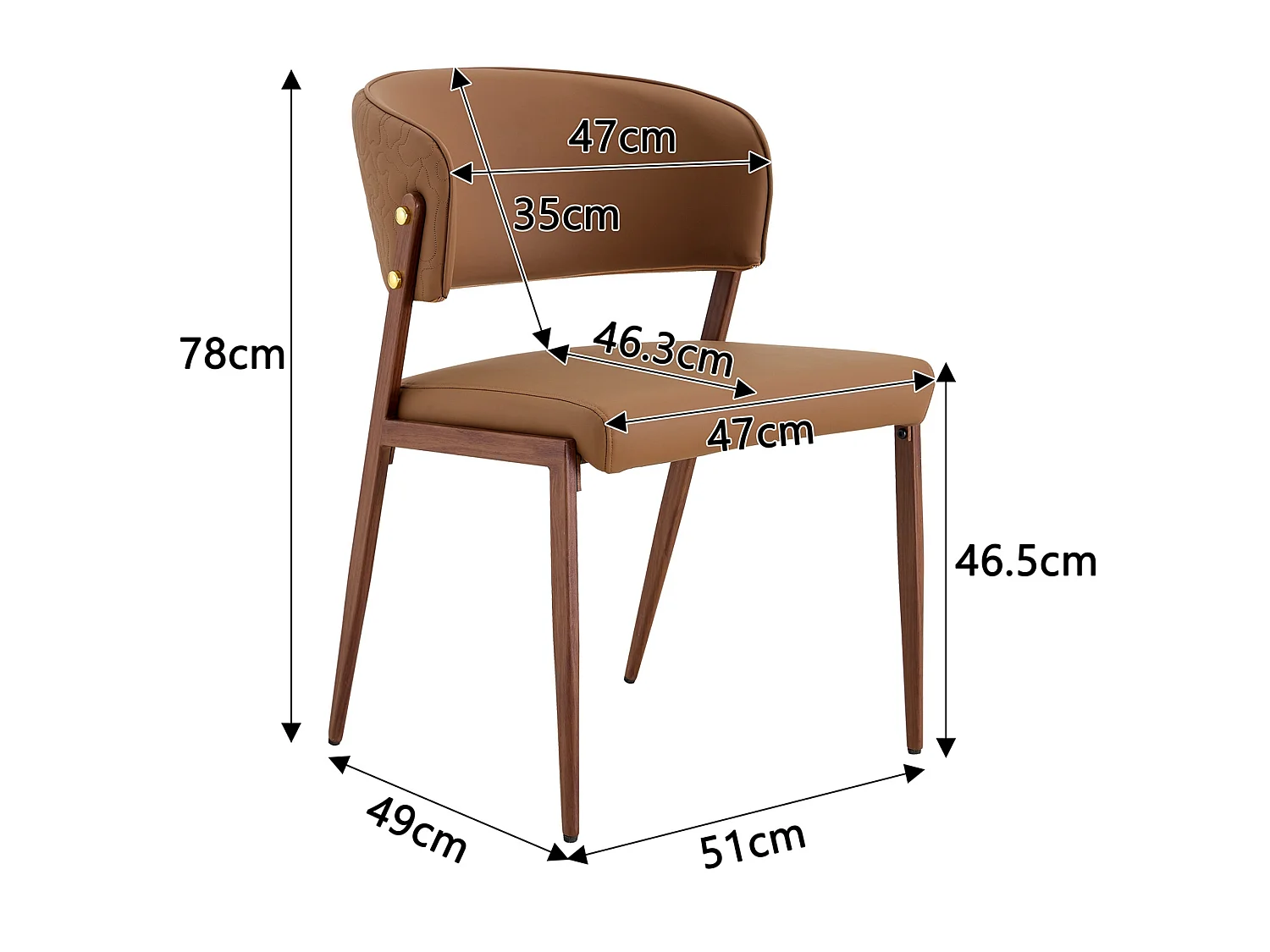 Chaises de salle à manger modernes avec dossier courbé rembourré, revêtement en PU et pieds en métal, ensemble de 2