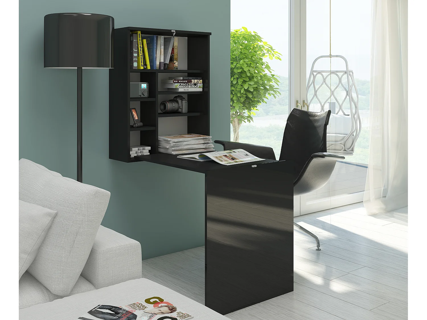 Inklapbaar wandbureau met opbergruimte 60 cm mat zwart en hoogglans zwart