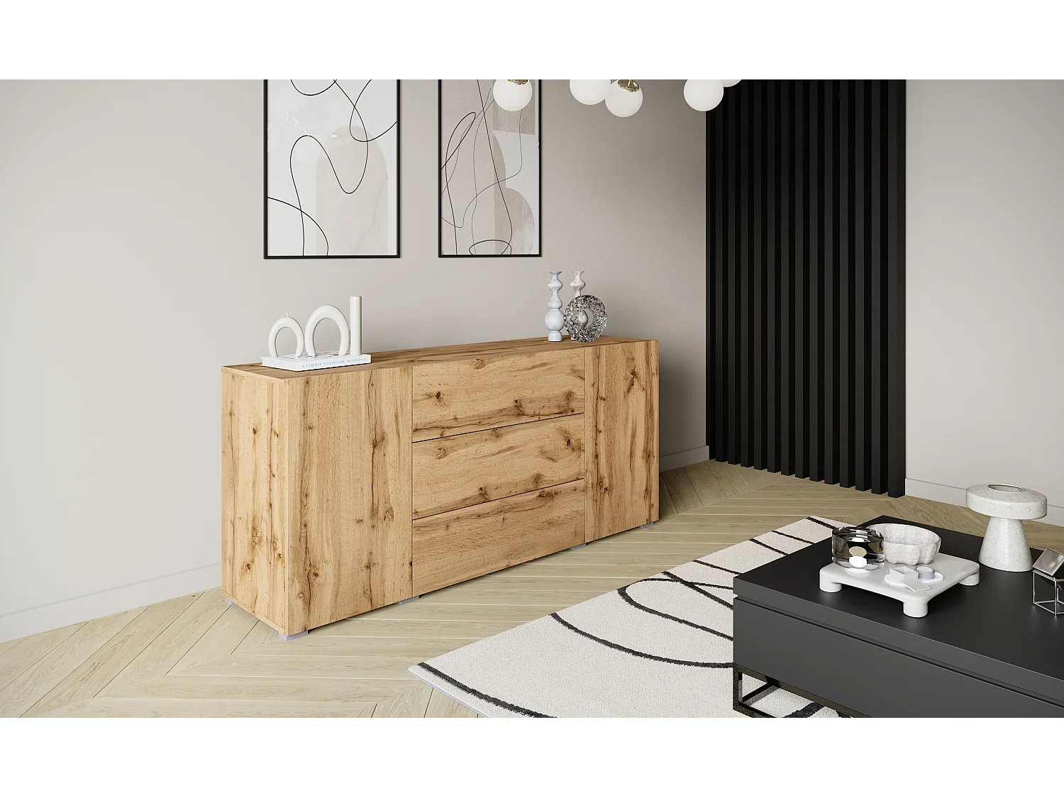 Moderne Kommode 150 cm stehend, 3 Schubladen und 2 Schränke, Eiche Wotan