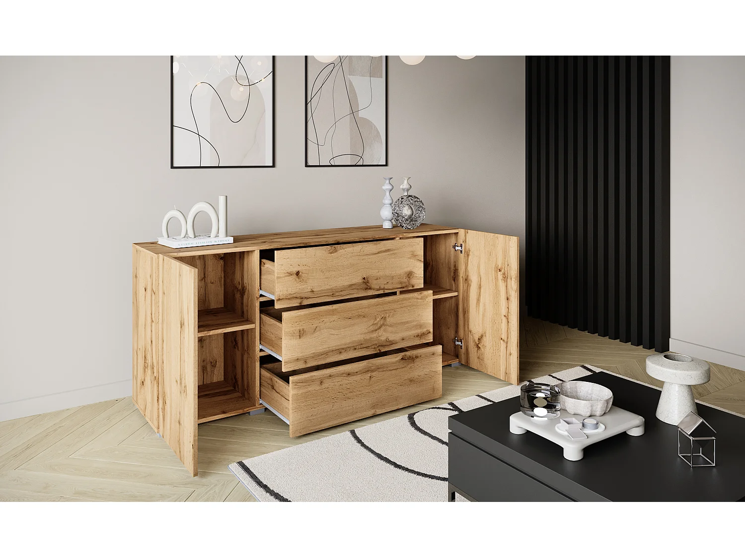 Moderne Kommode 150 cm stehend, 3 Schubladen und 2 Schränke, Eiche Wotan