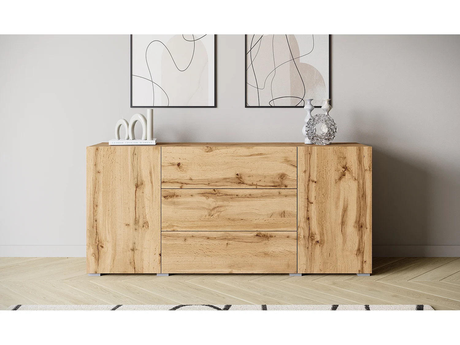 Moderne Kommode 150 cm stehend, 3 Schubladen und 2 Schränke, Eiche Wotan