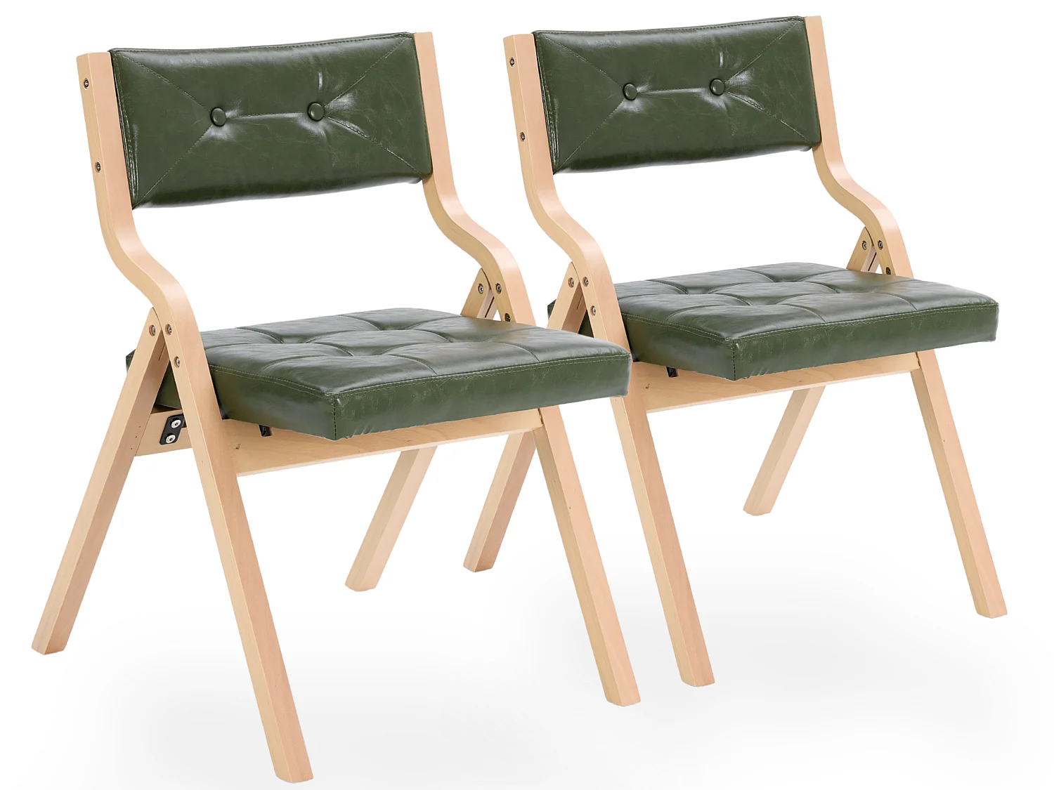 Ensemble de 2 Chaises Pliantes en Similicuir Vintage avec Cadre en Bois Courbé et Capitonnage à Boutons