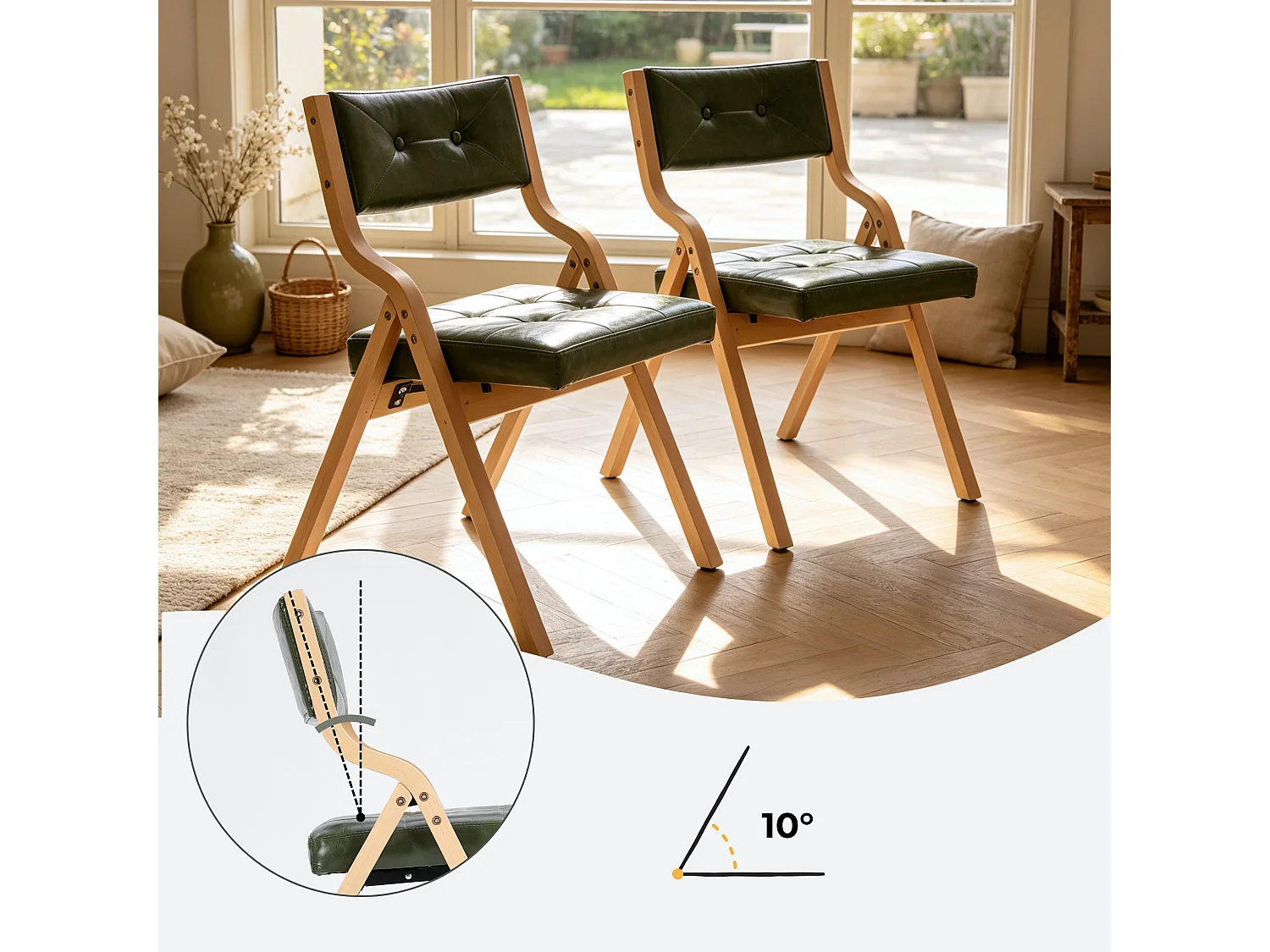 Ensemble de 2 Chaises Pliantes en Similicuir Vintage avec Cadre en Bois Courbé et Capitonnage à Boutons