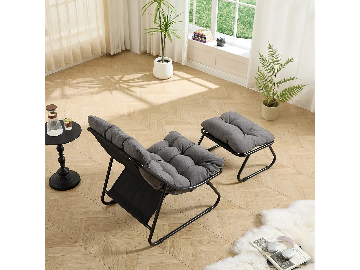 Fauteuil de salon d'extérieur avec repose-pieds ottoman, rembourrage épais et siège respirant - Style moderne gris