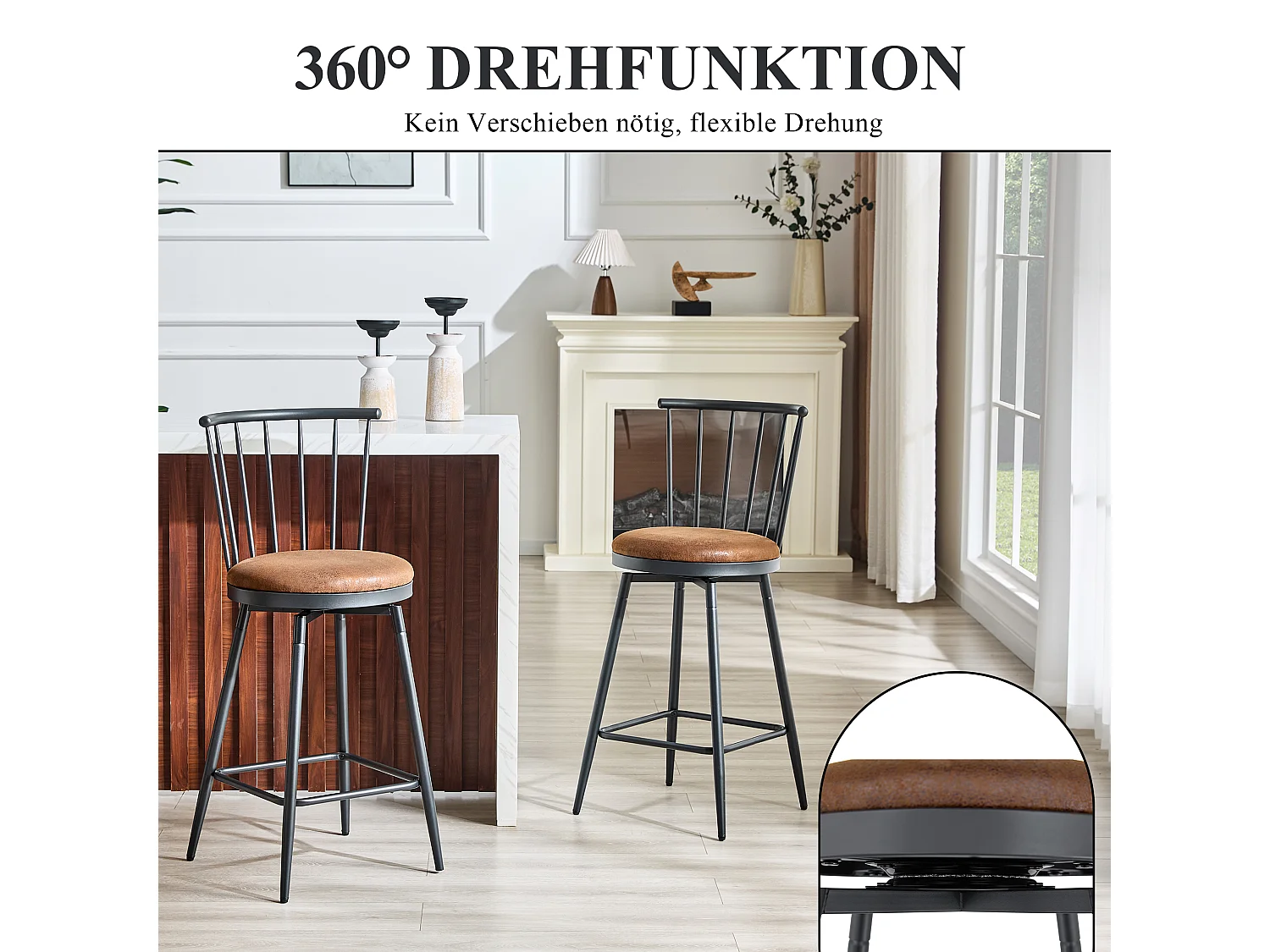 Ensemble de 2 tabourets de bar industriels avec dossier Windsor et assise en simili cuir