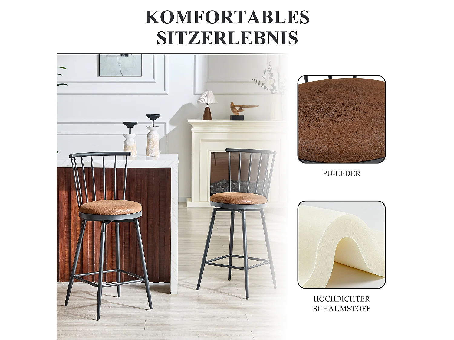 Ensemble de 2 tabourets de bar industriels avec dossier Windsor et assise en simili cuir
