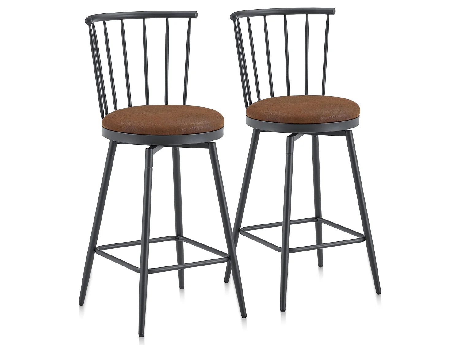 Ensemble de 2 tabourets de bar industriels avec dossier Windsor et assise en simili cuir