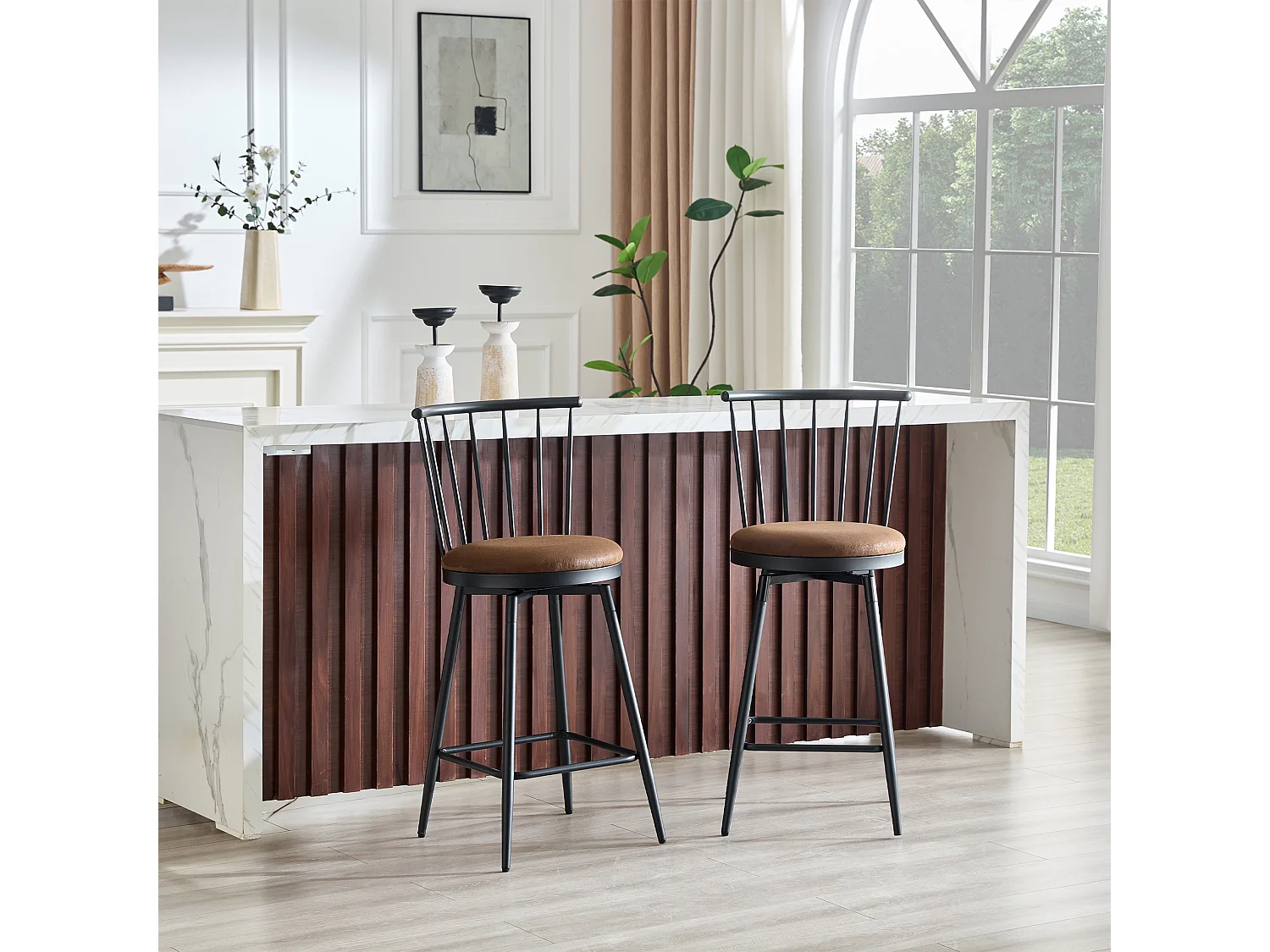 Ensemble de 2 tabourets de bar industriels avec dossier Windsor et assise en simili cuir