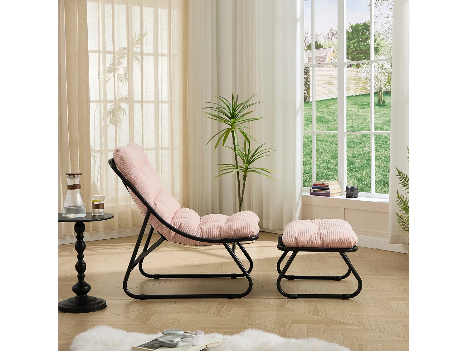 Chaise Longue d'Extérieur avec Repose-Pieds Ottoman, Rembourrage Épais et Siège Respirant - Style Moderne Rose