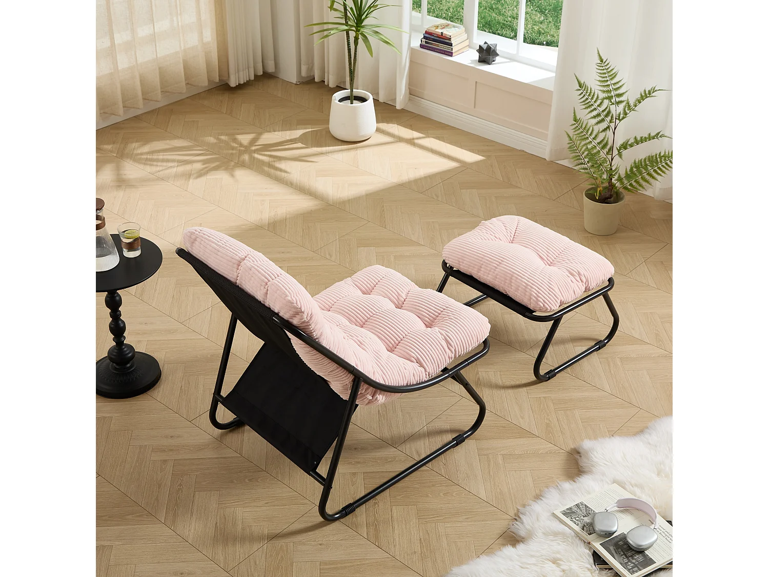 Chaise Longue d'Extérieur avec Repose-Pieds Ottoman, Rembourrage Épais et Siège Respirant - Style Moderne Rose