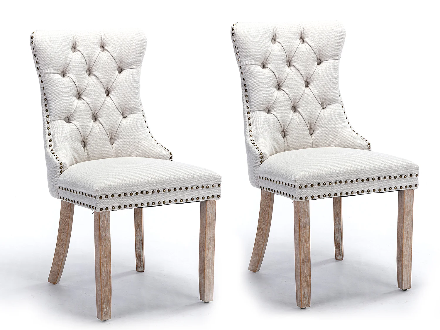 Franse eetkamerstoelen met linnen bekleding, knoopsgat, en massief houten poten, set van 2