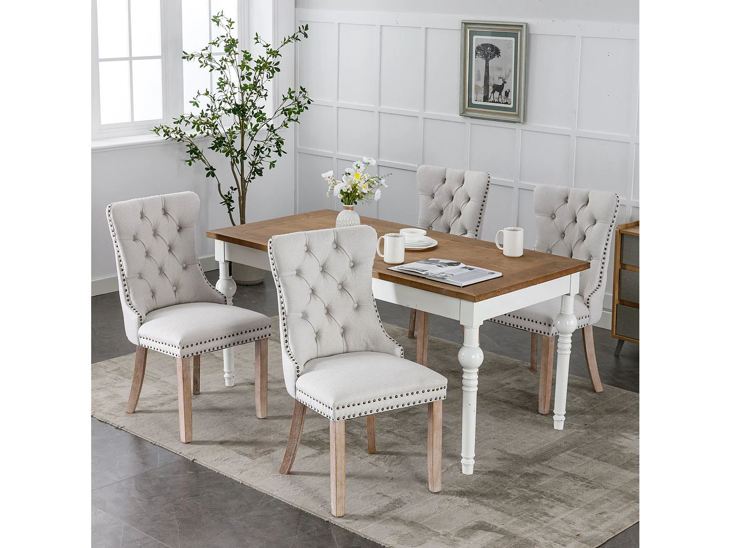 Franse eetkamerstoelen met linnen bekleding, knoopsgat, en massief houten poten, set van 2