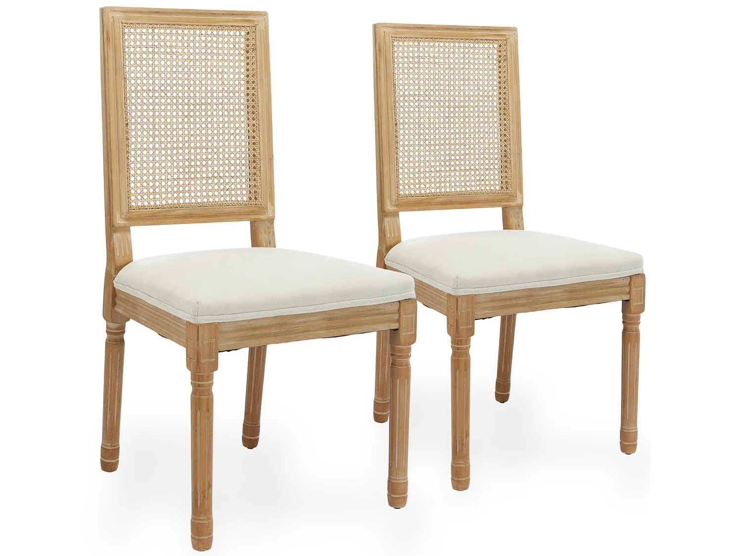 Franse Vintage Eetkamerstoelen met Rotan Rugleuning, Linnen Bekleding en S-veren, Set van 2