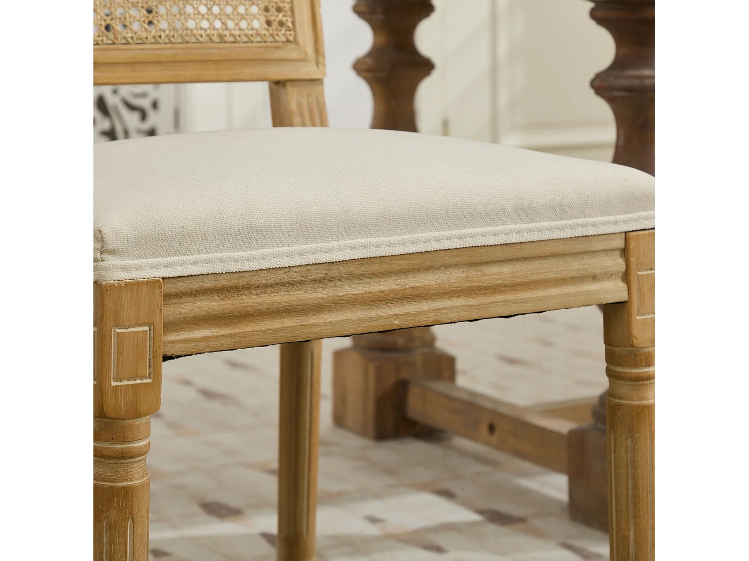 Franse Vintage Eetkamerstoelen met Rotan Rugleuning, Linnen Bekleding en S-veren, Set van 2