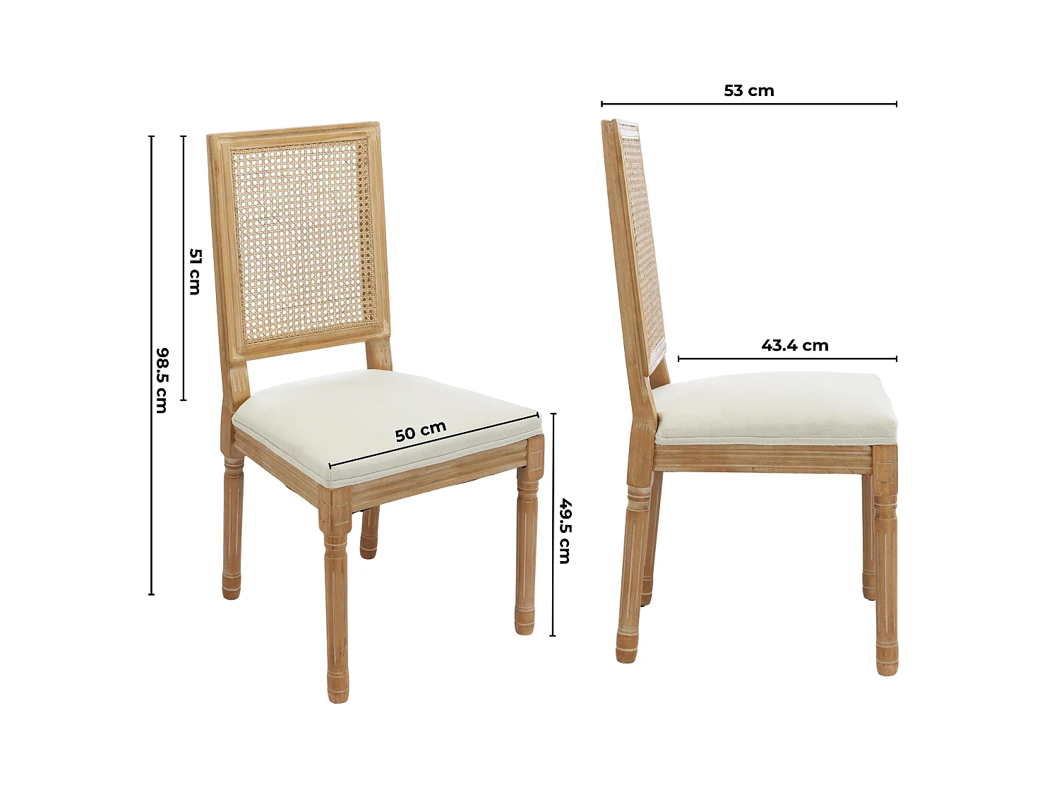 Franse Vintage Eetkamerstoelen met Rotan Rugleuning, Linnen Bekleding en S-veren, Set van 2