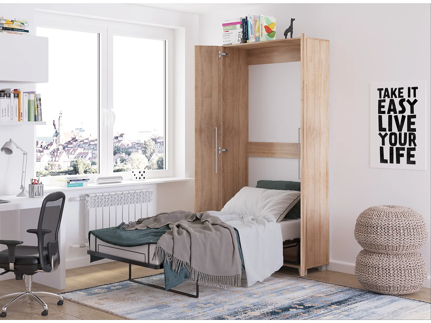 Letto a scomparsa verticale TEDDY 90 x 200 cm rovere sonoma con rete