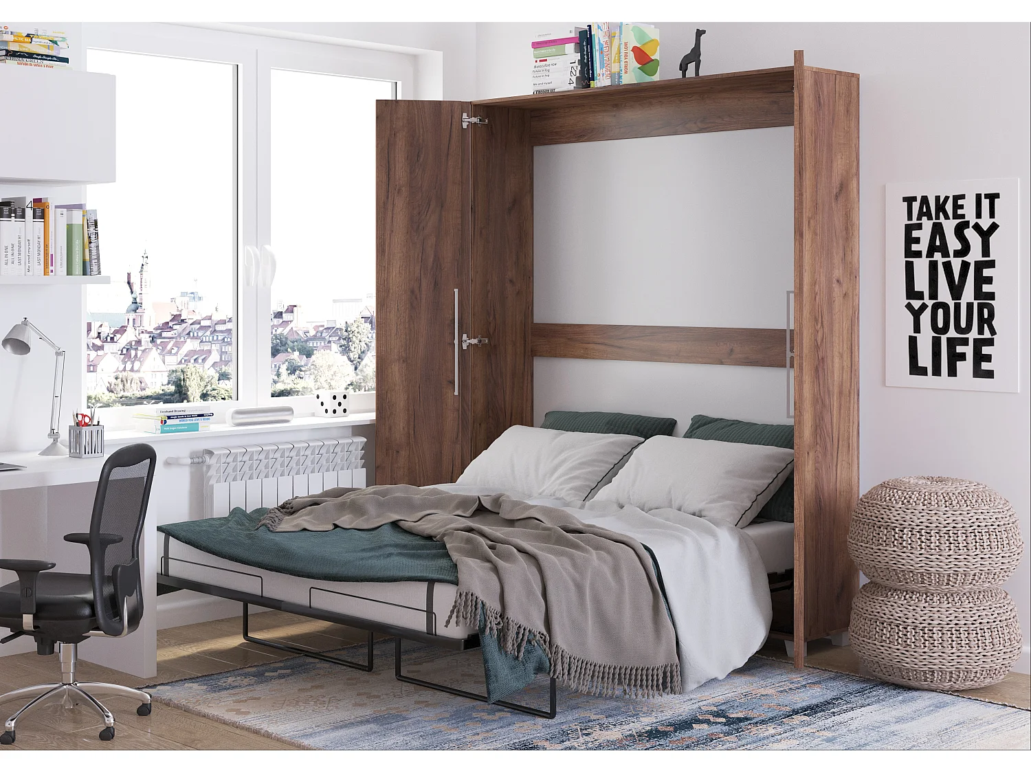 Lit escamotable vertical TEDDY 160 x 200 cm chêne craft tobacco avec sommier