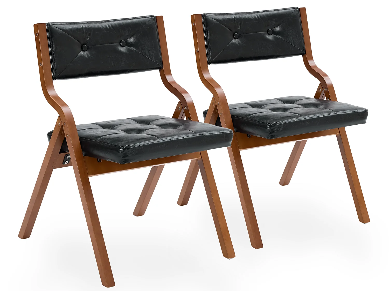 Chaises Pliantes Vintage en Similicuir 2 Pièces avec Cadre en Bois Courbé et Capitonnage