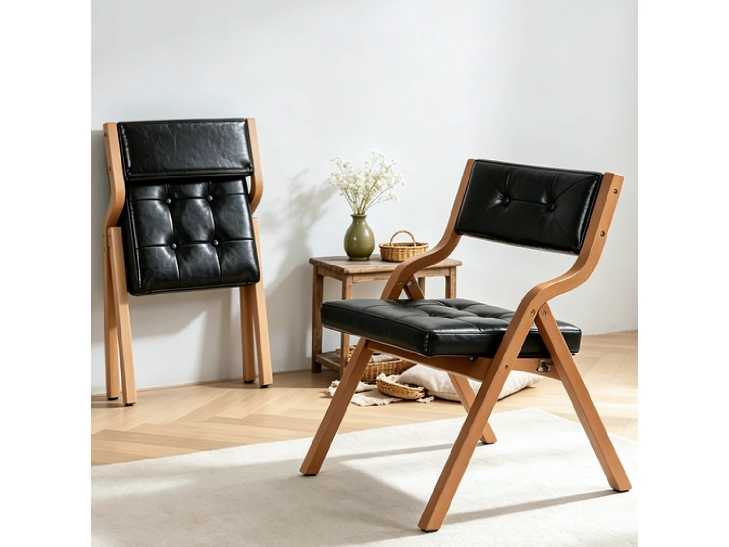 Chaises Pliantes Vintage en Similicuir 2 Pièces avec Cadre en Bois Courbé et Capitonnage