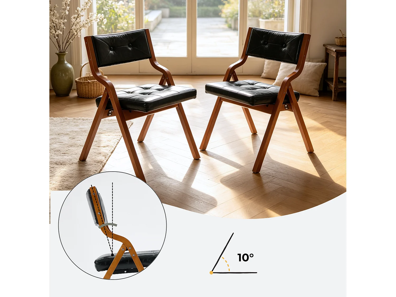 Chaises Pliantes Vintage en Similicuir 2 Pièces avec Cadre en Bois Courbé et Capitonnage