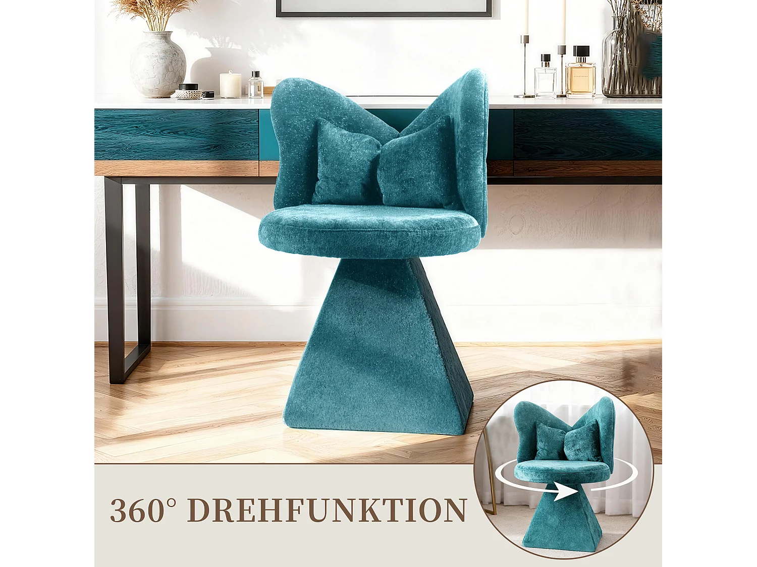 Chaise de coiffeuse pivotante avec dossier en forme de papillon, rotation à 360° et base triangulaire stable