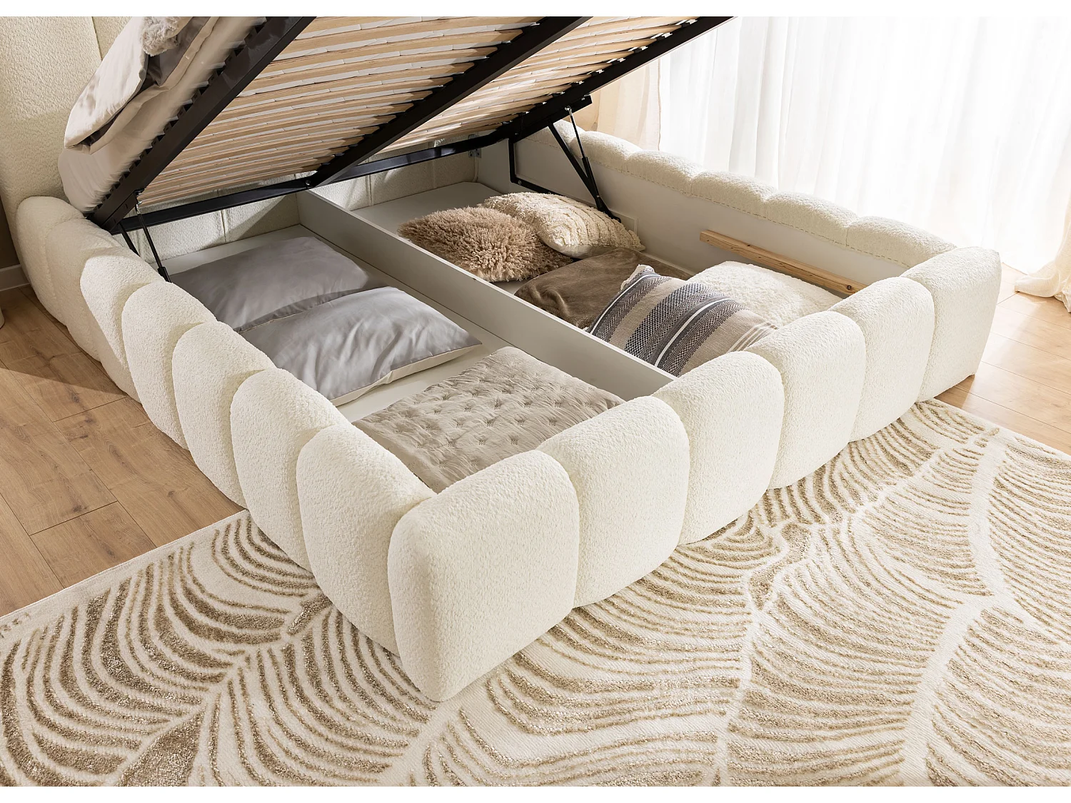 FURNISTAR Gestoffeerd bed MIA met opbergruimte 160x200|Bubble bed|Tweepersoonsbed met opbergruimte|Lattenbodem|Boxspringlook|zonder matras-Beige
