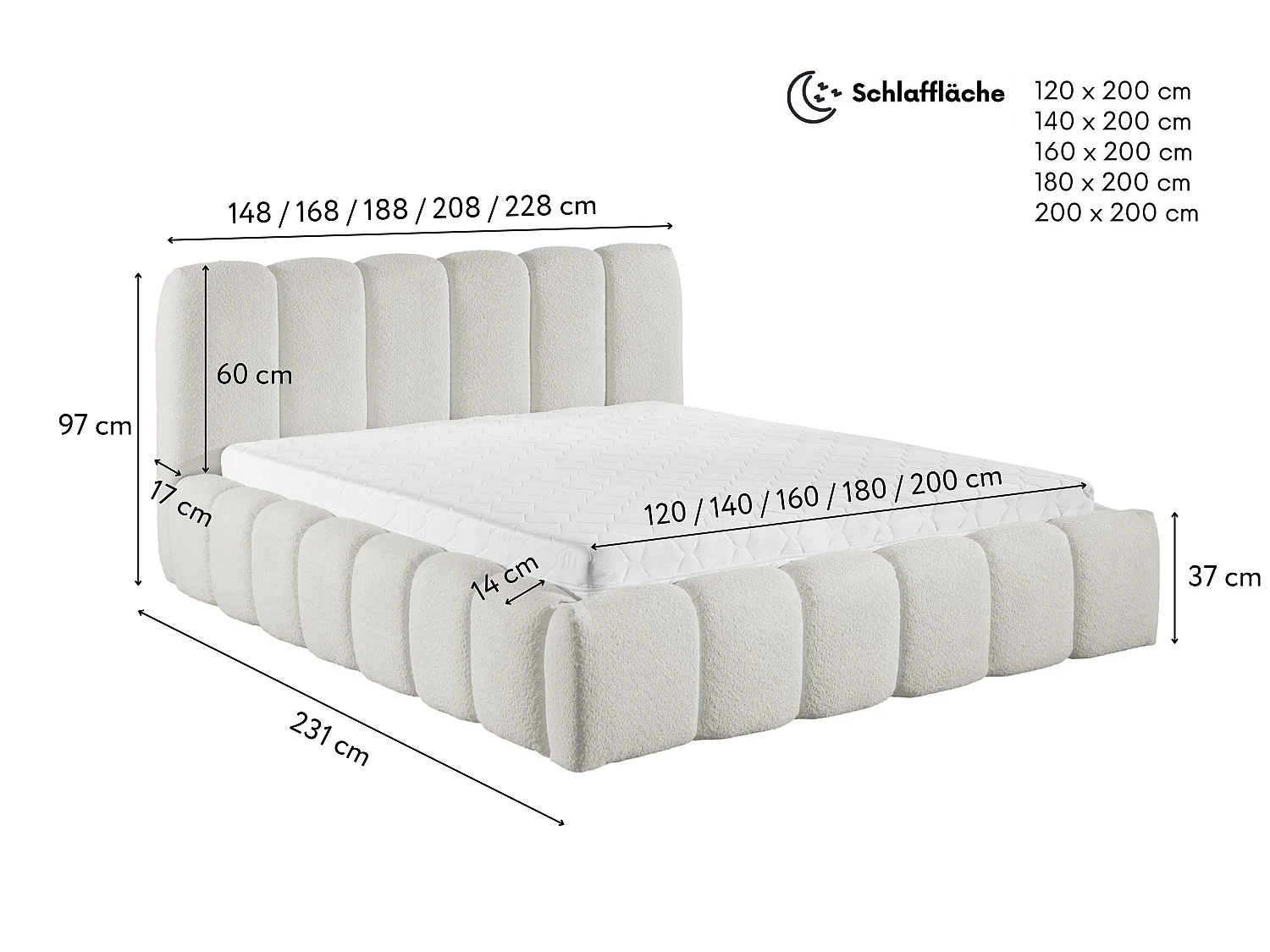 FURNISTAR Gestoffeerd bed MIA met opbergruimte 160x200|Bubble bed|Tweepersoonsbed met opbergruimte|Lattenbodem|Boxspringlook|zonder matras-Beige
