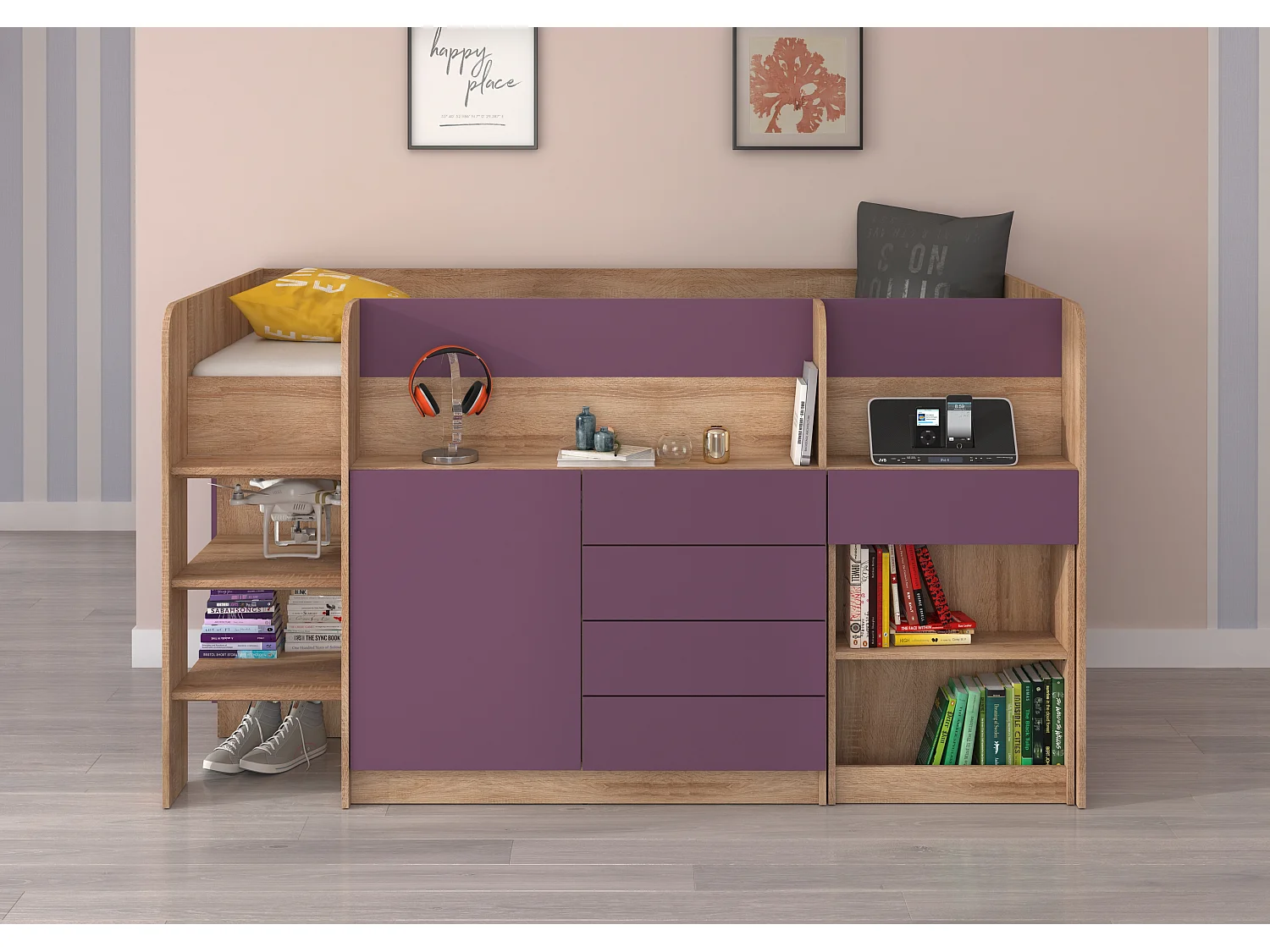 Cama semi-alta SMILE L 90 x 200 cm carvalho sonoma e violeta com secretária extraível