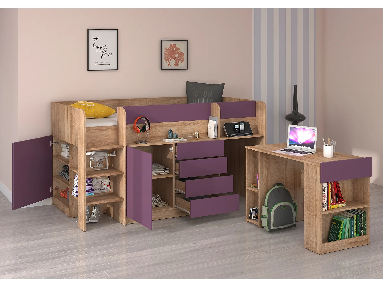 Cama semi-alta SMILE L 90 x 200 cm carvalho sonoma e violeta com secretária extraível