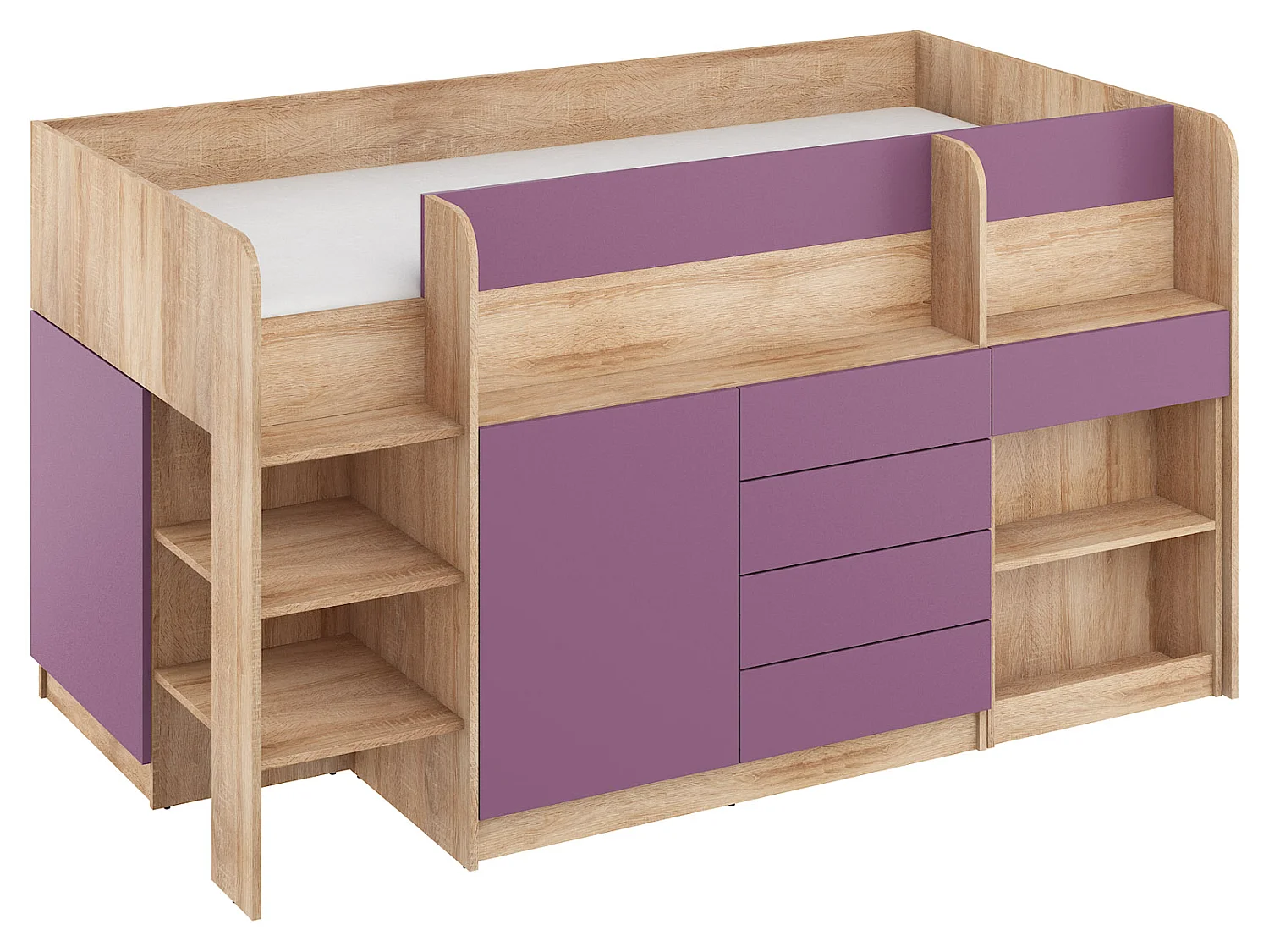 Cama semi-alta SMILE L 90 x 200 cm carvalho sonoma e violeta com secretária extraível