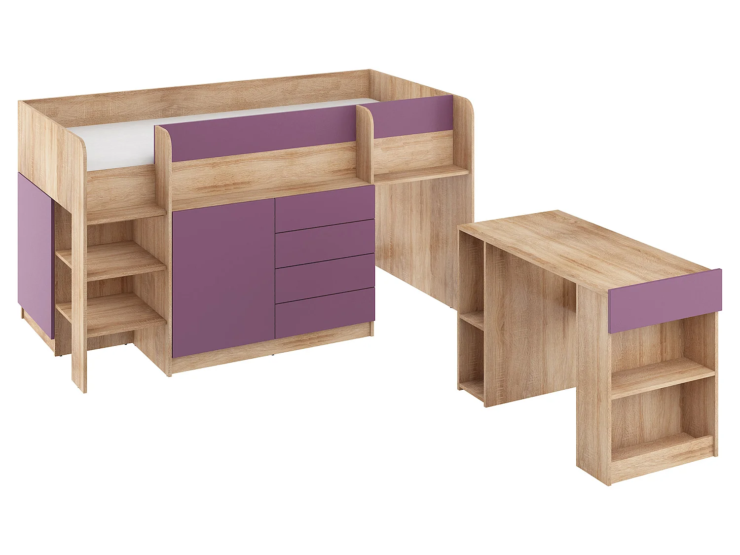 Cama semi-alta SMILE L 90 x 200 cm carvalho sonoma e violeta com secretária extraível