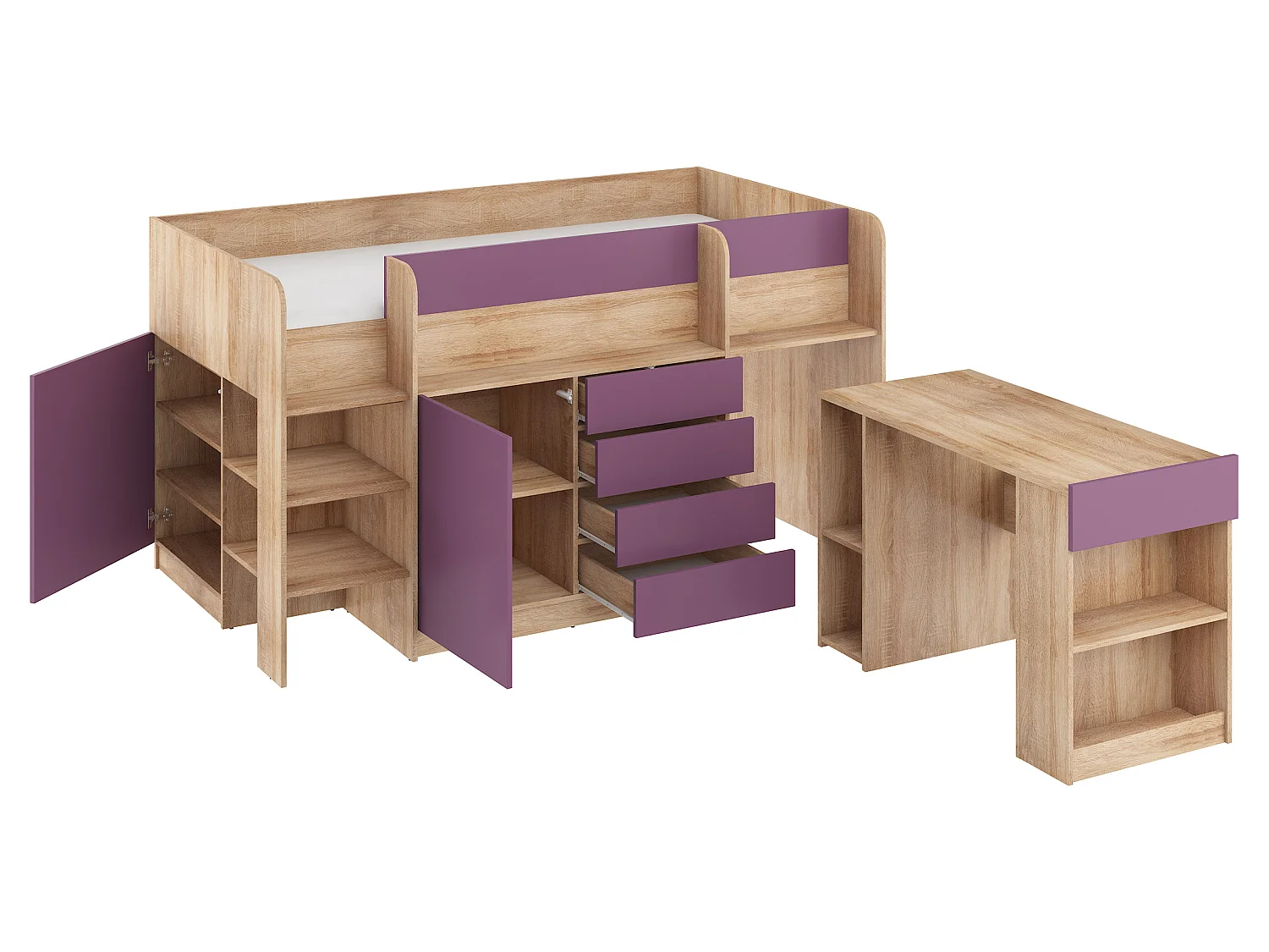 Cama semi-alta SMILE L 90 x 200 cm carvalho sonoma e violeta com secretária extraível
