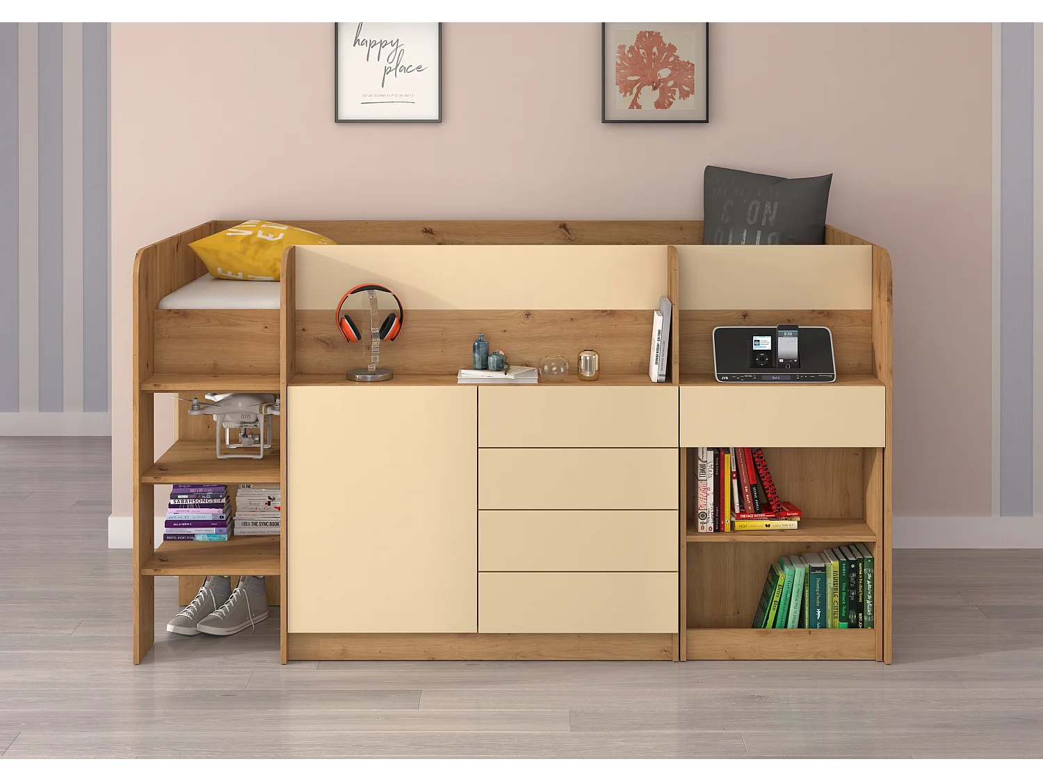 Cama semi-alta SMILE L 90 x 200 cm carvalho artisan e creme com secretária extraível