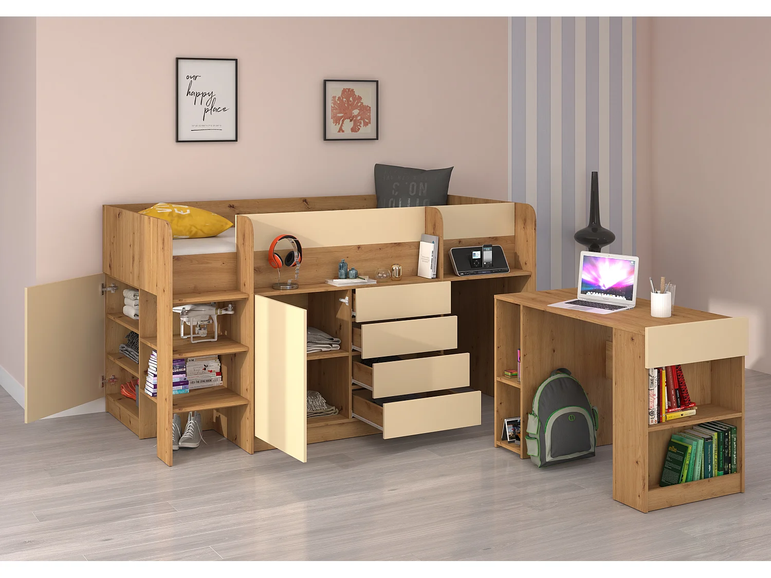 Cama semi-alta SMILE L 90 x 200 cm carvalho artisan e creme com secretária extraível