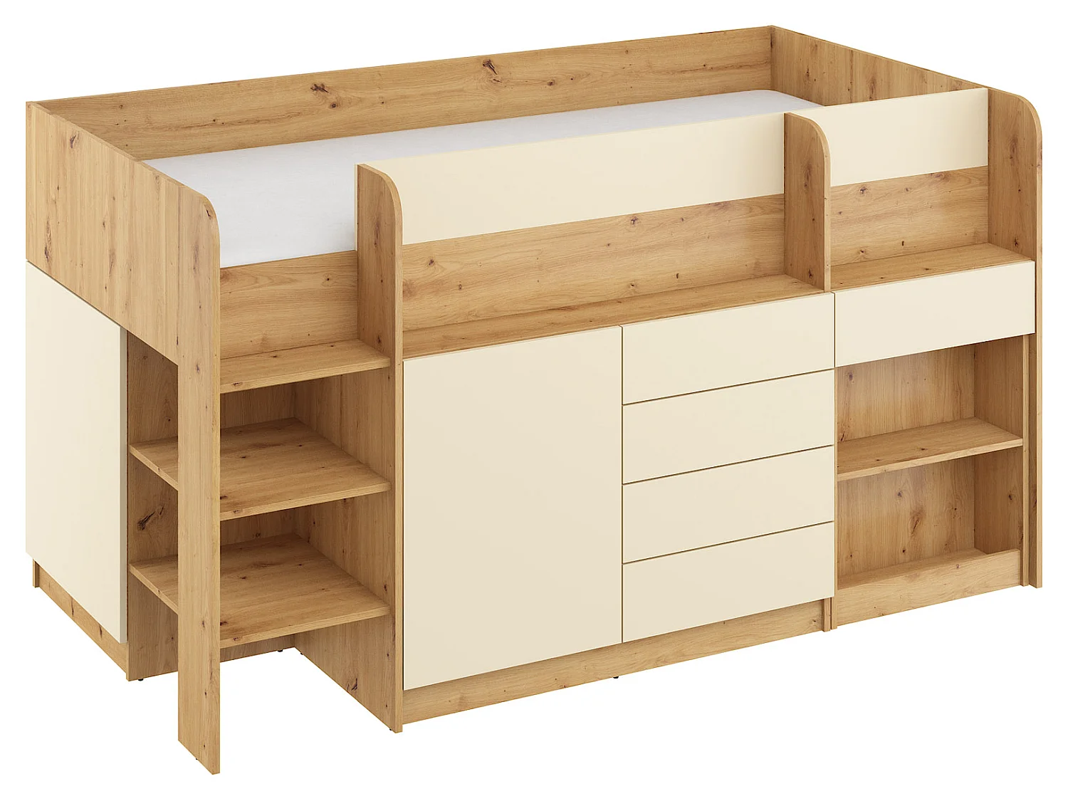 Cama semi-alta SMILE L 90 x 200 cm carvalho artisan e creme com secretária extraível