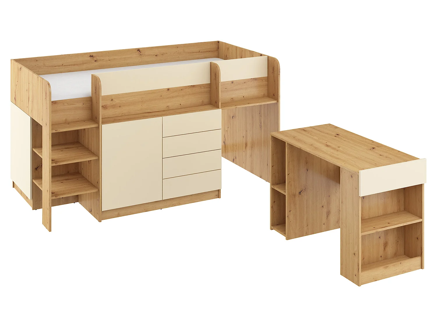 Cama semi-alta SMILE L 90 x 200 cm carvalho artisan e creme com secretária extraível
