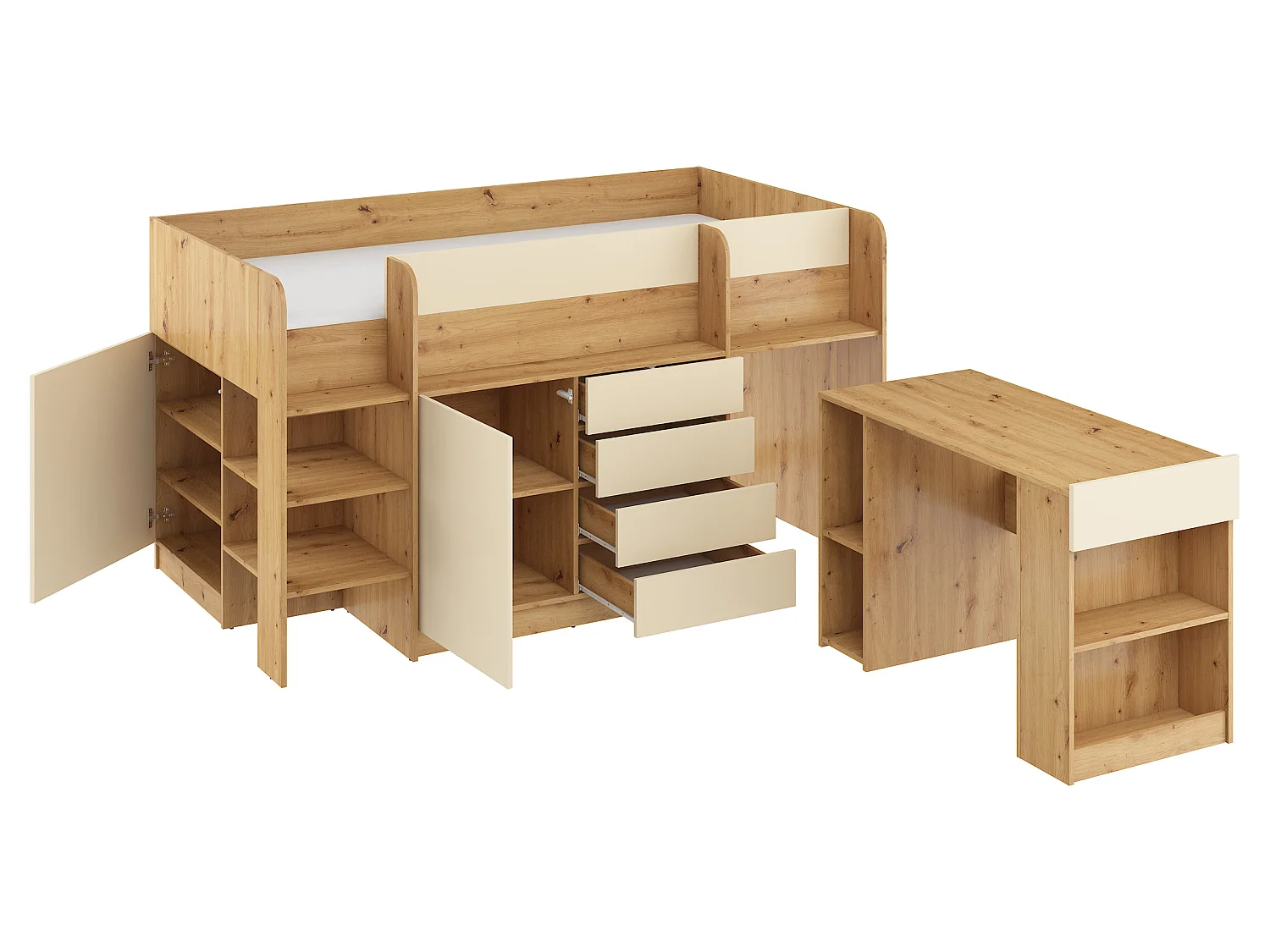Cama semi-alta SMILE L 90 x 200 cm carvalho artisan e creme com secretária extraível