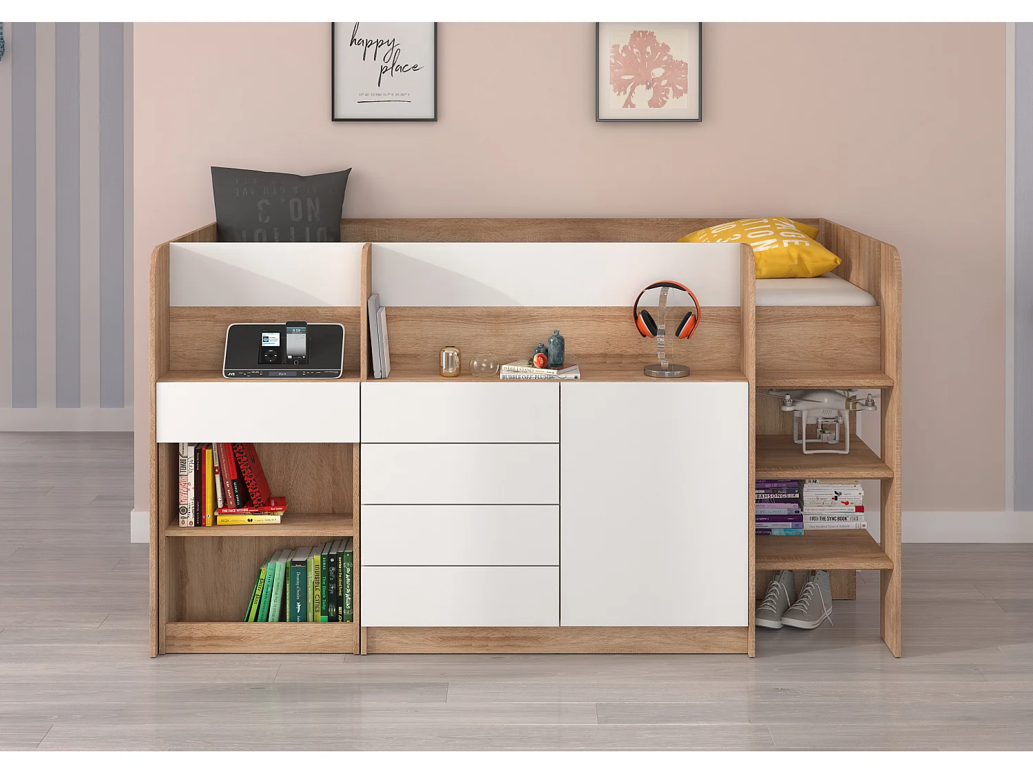 Cama semi-alta SMILE P 90 x 200 cm carvalho sonoma e branco com secretária extraível
