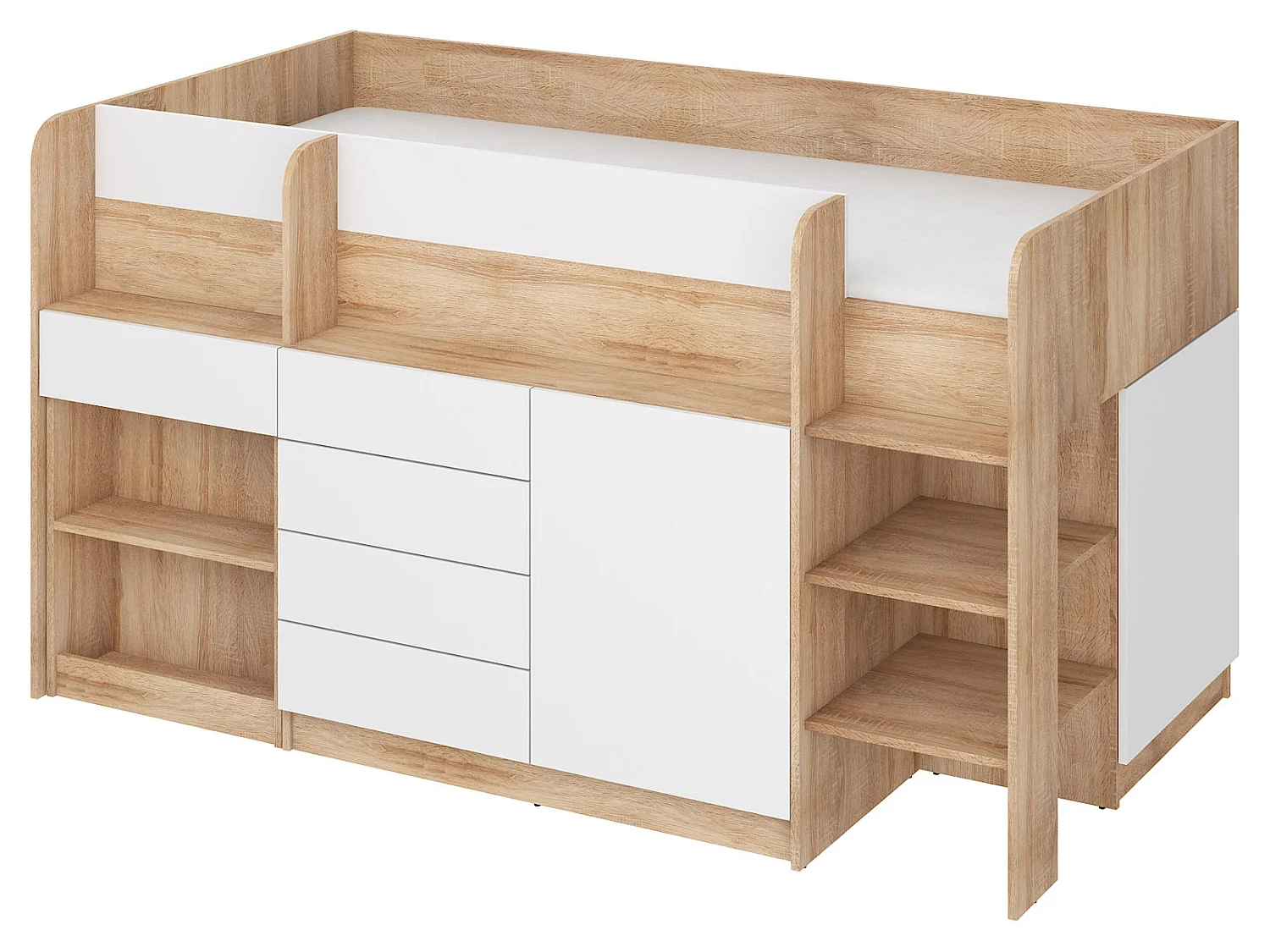 Cama semi-alta SMILE P 90 x 200 cm carvalho sonoma e branco com secretária extraível