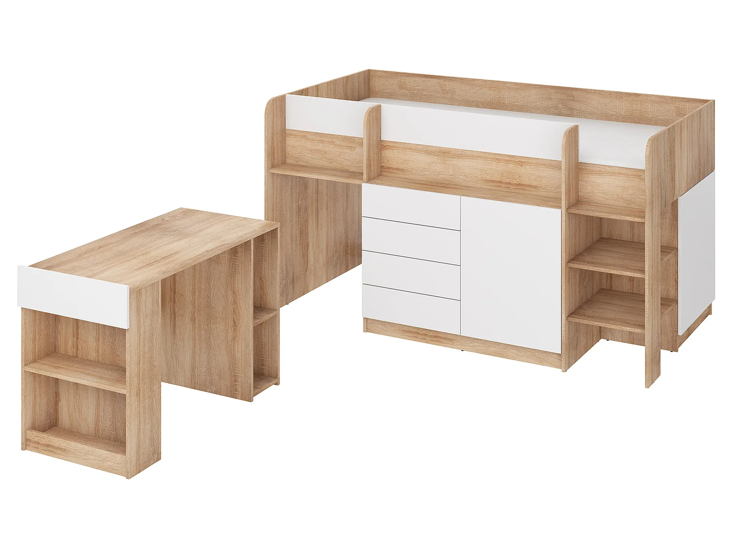 Cama semi-alta SMILE P 90 x 200 cm carvalho sonoma e branco com secretária extraível