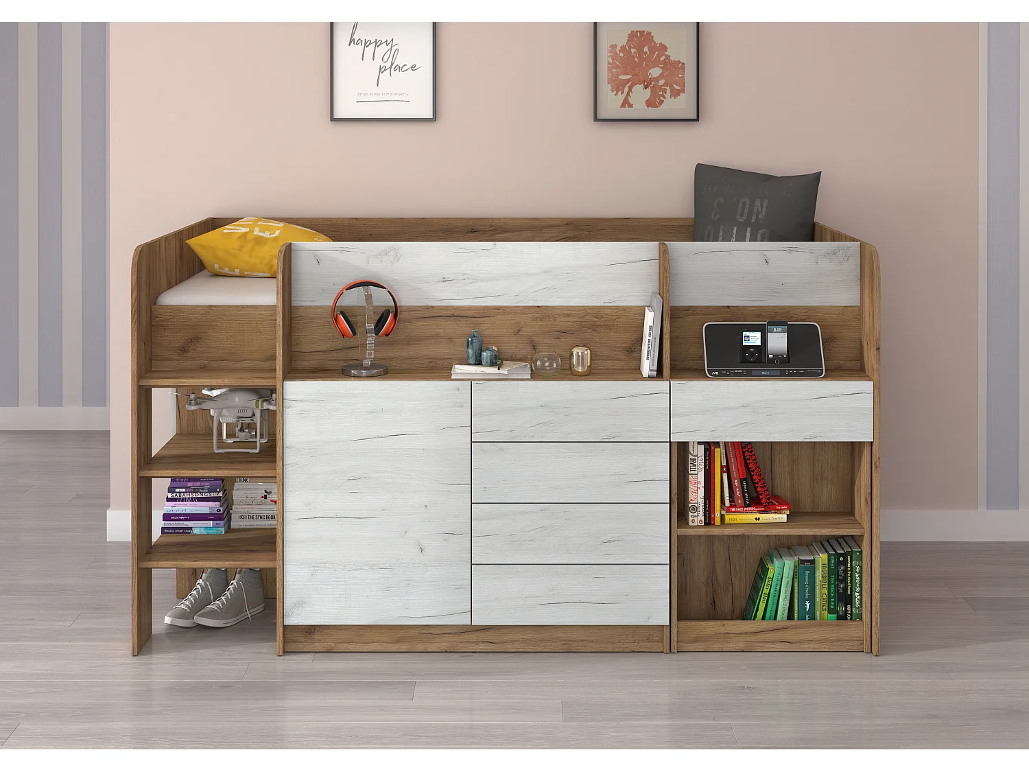 Cama semi-alta SMILE L 90 x 200 cm carvalho Craft dourado e Craft branco com secretária extraível