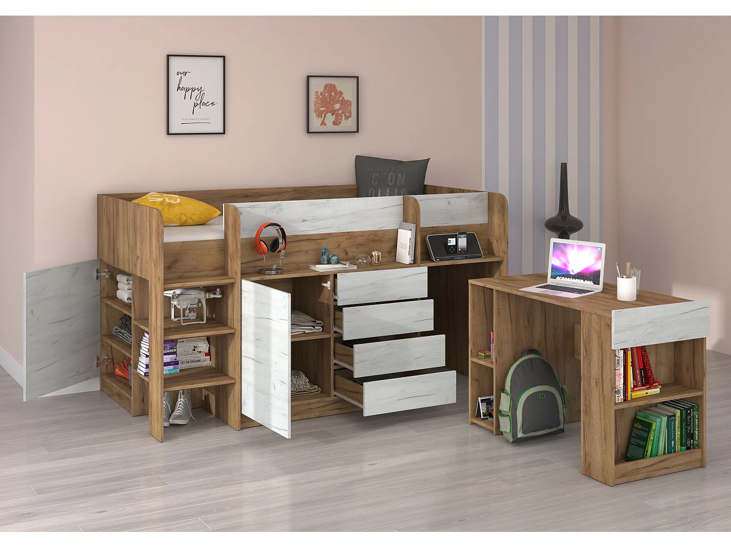 Cama semi-alta SMILE L 90 x 200 cm carvalho Craft dourado e Craft branco com secretária extraível