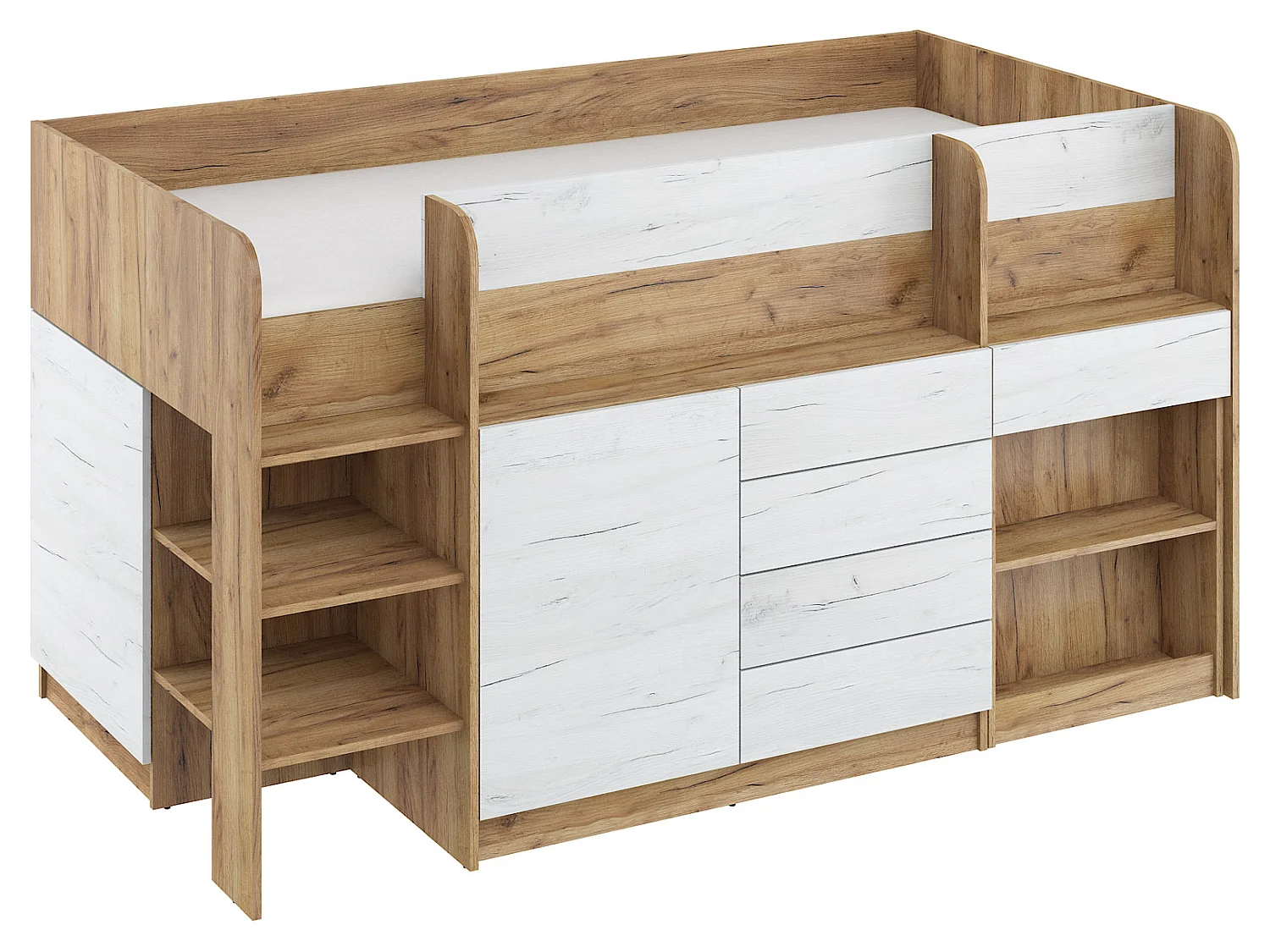 Cama semi-alta SMILE L 90 x 200 cm carvalho Craft dourado e Craft branco com secretária extraível