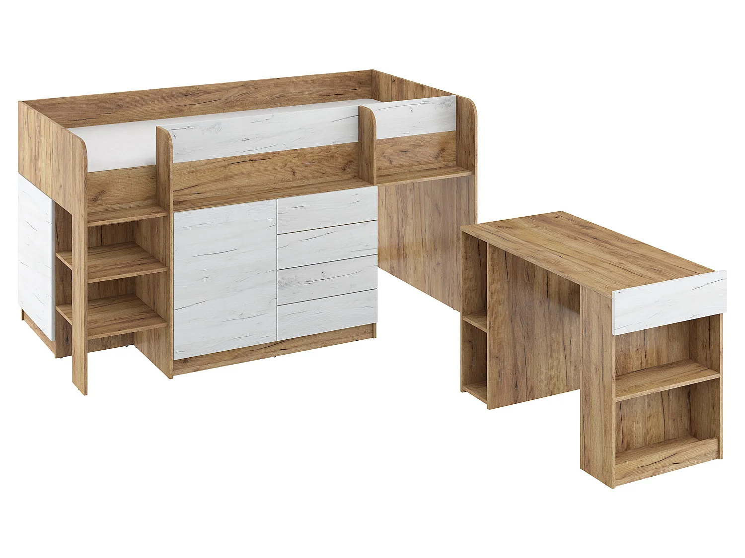 Cama semi-alta SMILE L 90 x 200 cm carvalho Craft dourado e Craft branco com secretária extraível