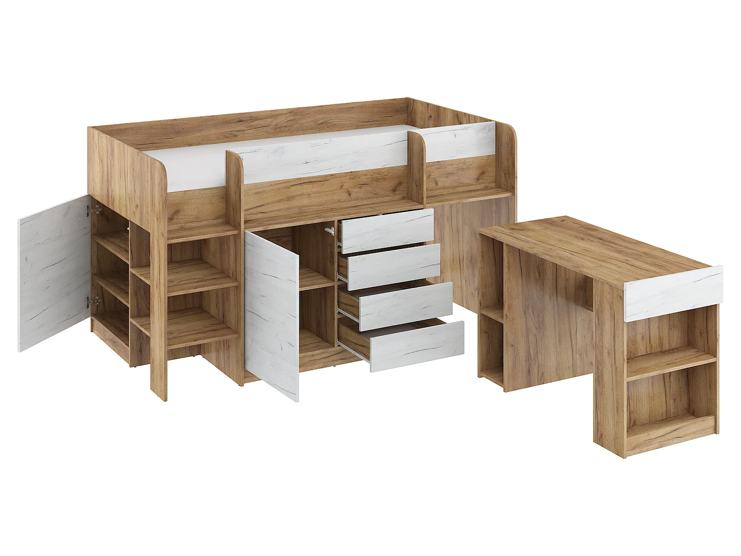 Cama semi-alta SMILE L 90 x 200 cm carvalho Craft dourado e Craft branco com secretária extraível