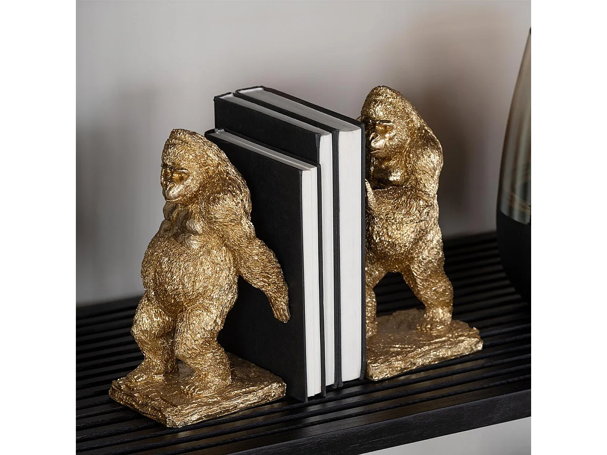 Lot de 2 Serre-Livres "Gorilles" 24cm Or