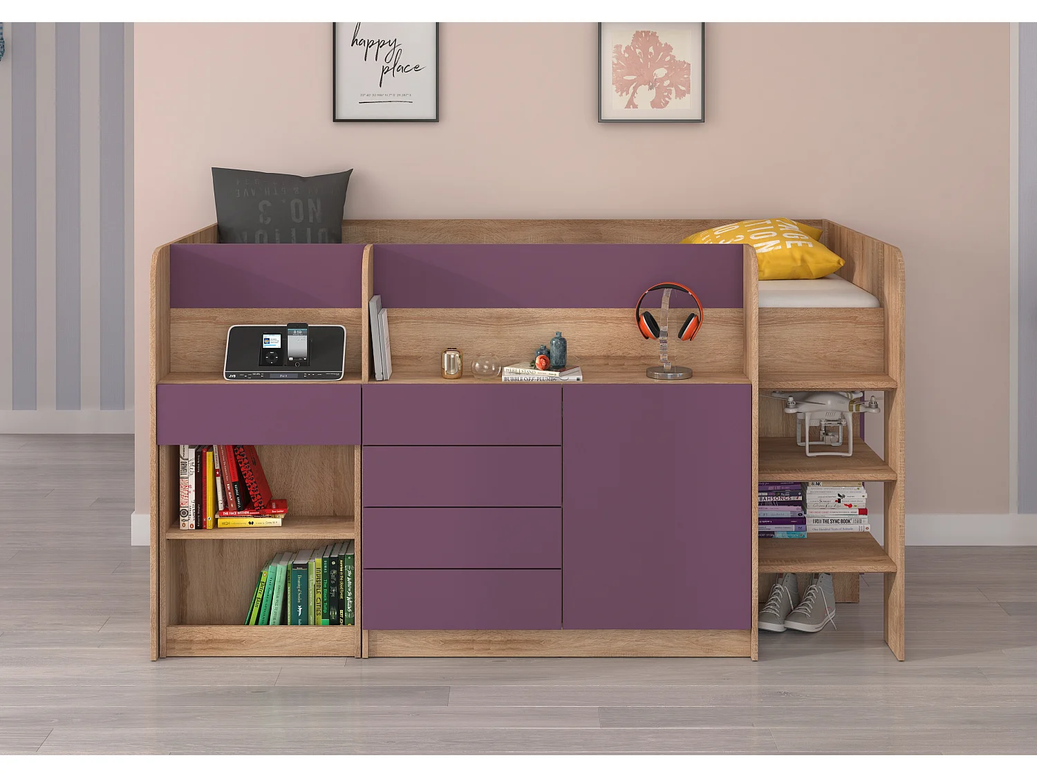 Cama semi-alta SMILE P 90 x 200 cm carvalho sonoma e violeta com secretária extraível