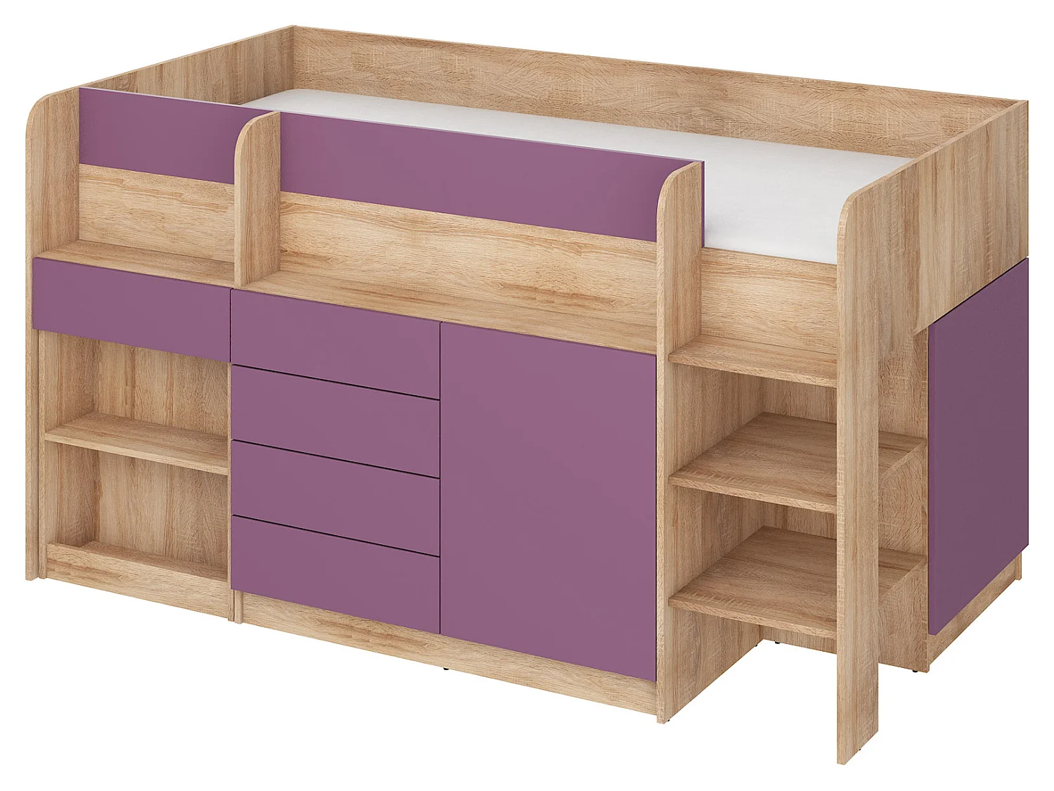 Cama semi-alta SMILE P 90 x 200 cm carvalho sonoma e violeta com secretária extraível