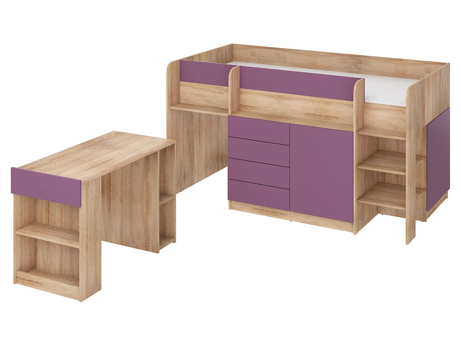 Cama semi-alta SMILE P 90 x 200 cm carvalho sonoma e violeta com secretária extraível